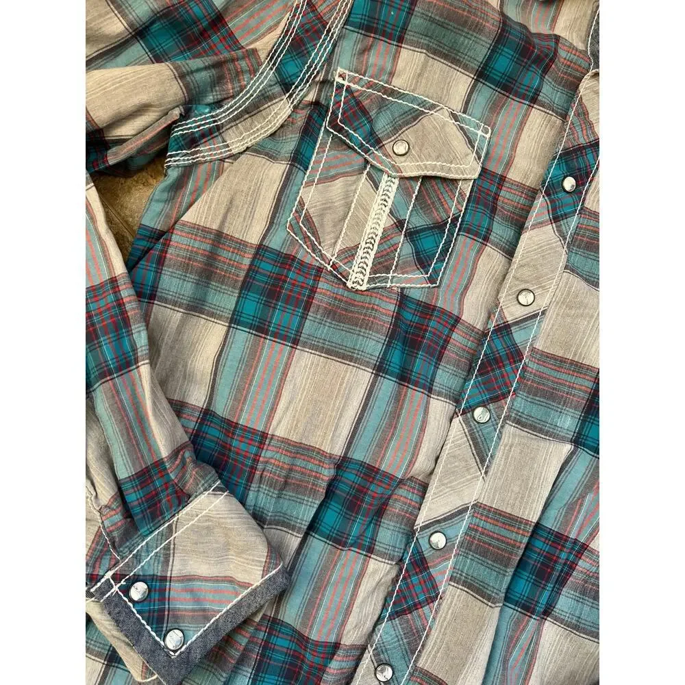 Buckle Black Athletic gray/teal plaid snap down long sleeve shirt., Men's size L